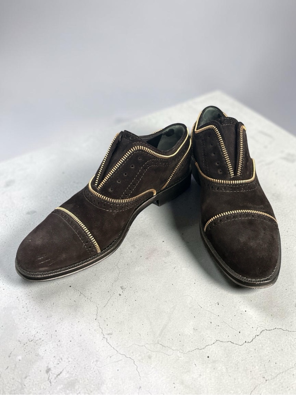 Louis Vuitton Black Suede Oxfords – Gold Zipper Trim – Designer Flats - 36.5